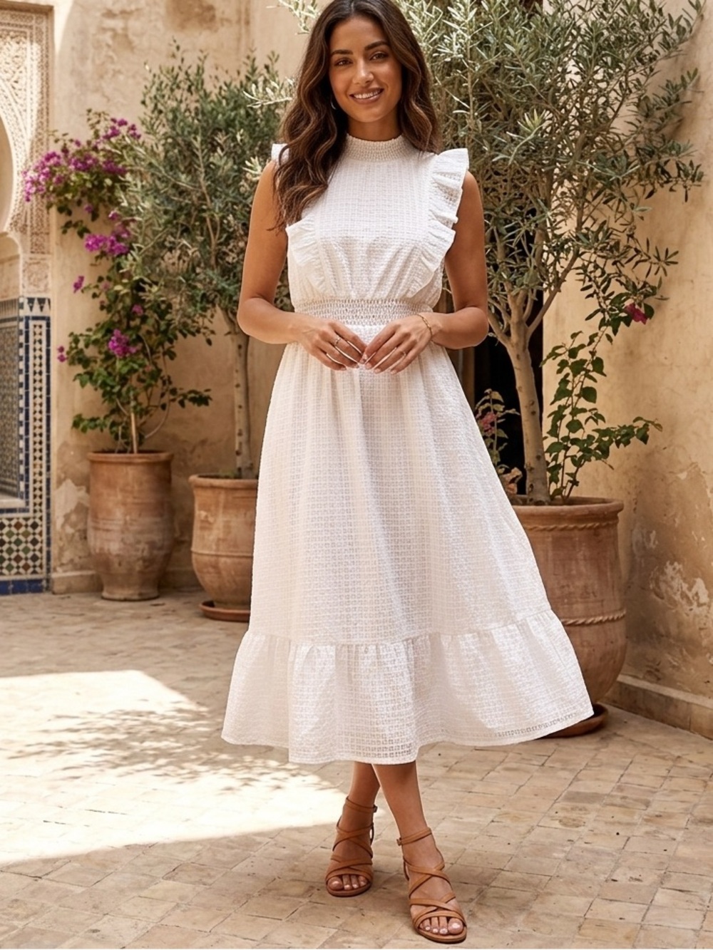 Lulu's White Eyelet Midi Dress with Ruffle Shoulders